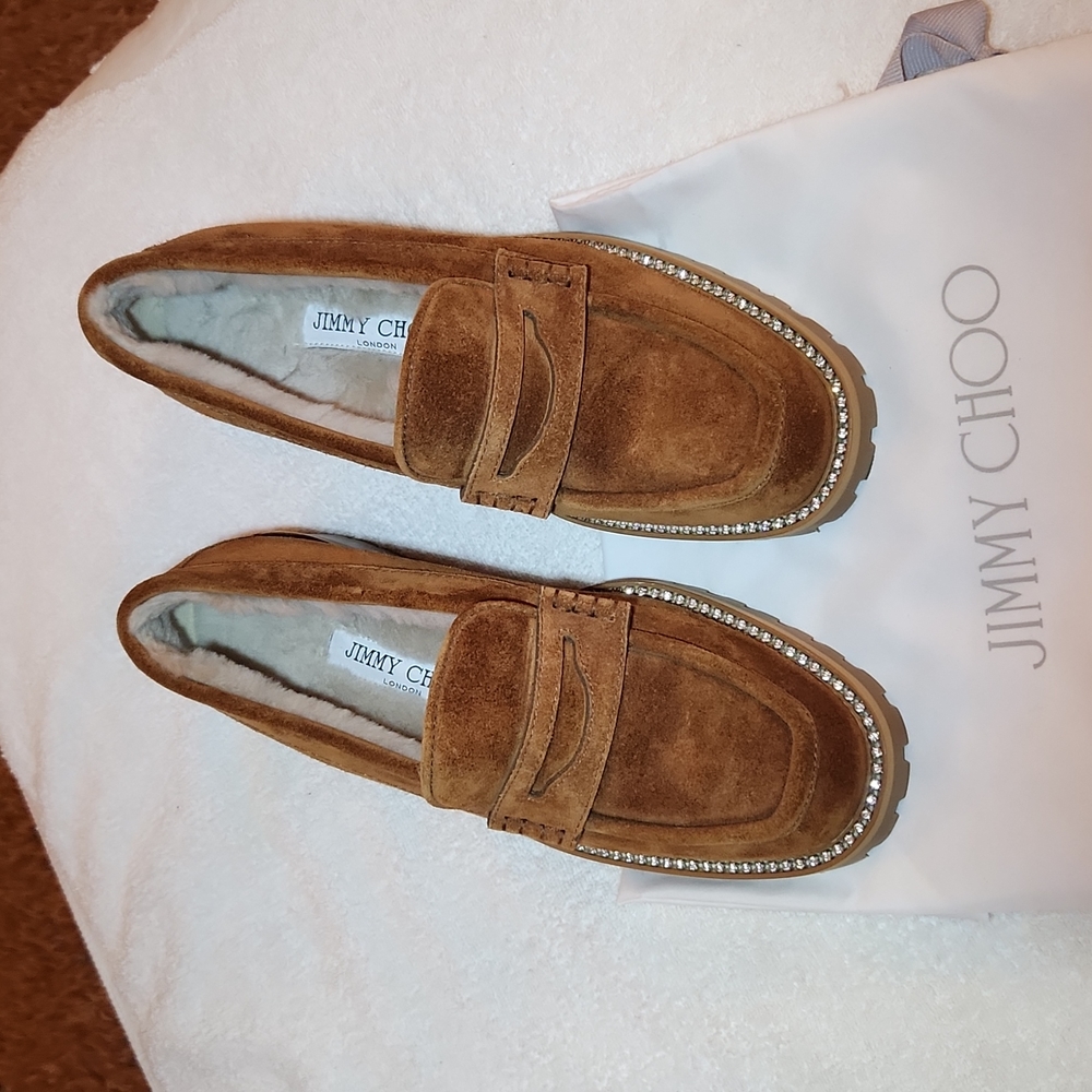 Jimmy Choo Tan Suede Loafers with Crystal Accents